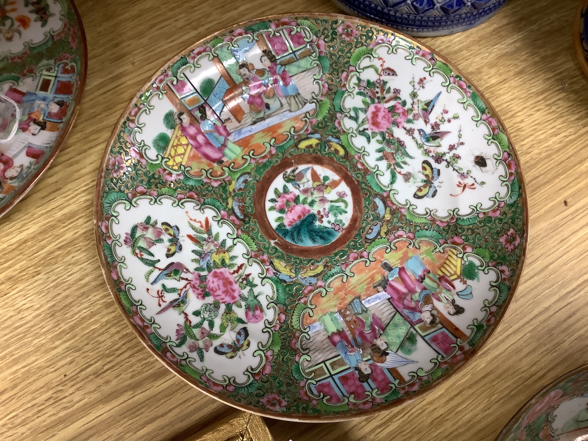 Three 19th century Chinese famille rose dishes and a bowl, 25cm